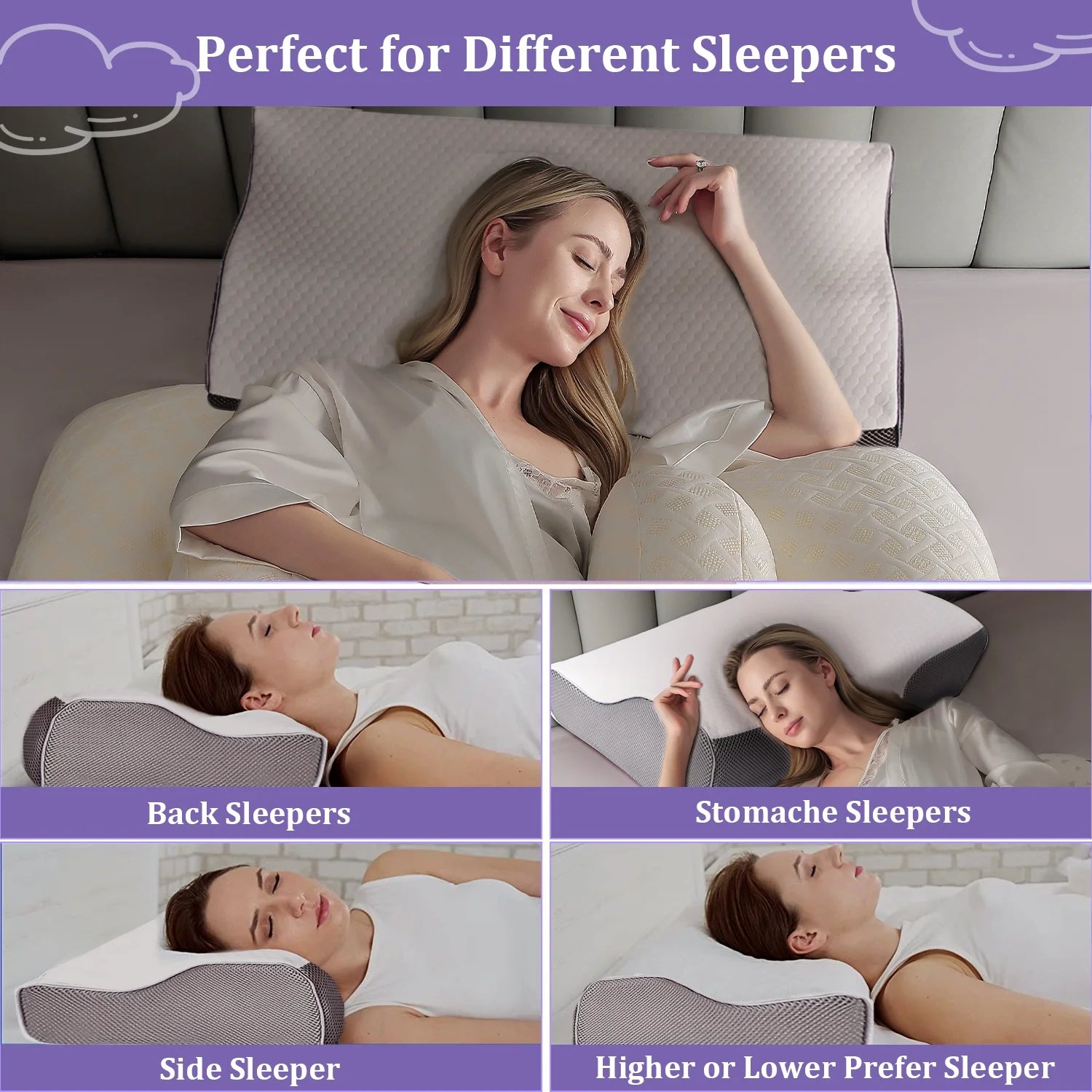 Cervical Neck Pillow for Neck Pain Relief, Ergonomic Memory Foam Pillow Bed Pillows for Body Side Back Stomach Sleeping, 23.6''X 13.3''X 4.3'',White