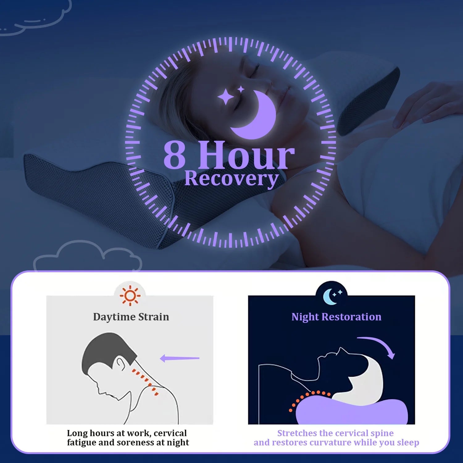 Cervical Neck Pillow for Neck Pain Relief, Ergonomic Memory Foam Pillow Bed Pillows for Body Side Back Stomach Sleeping, 23.6''X 13.3''X 4.3'',White