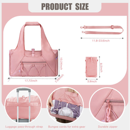 Waterproof Gym Bag Women Men, Foldable Sports Duffle Bag with Water Bottle Carrier Bag, Lightweight Travel Duffle Bag with Shoe Compartment for Gym, Yoga, Travel, Pink